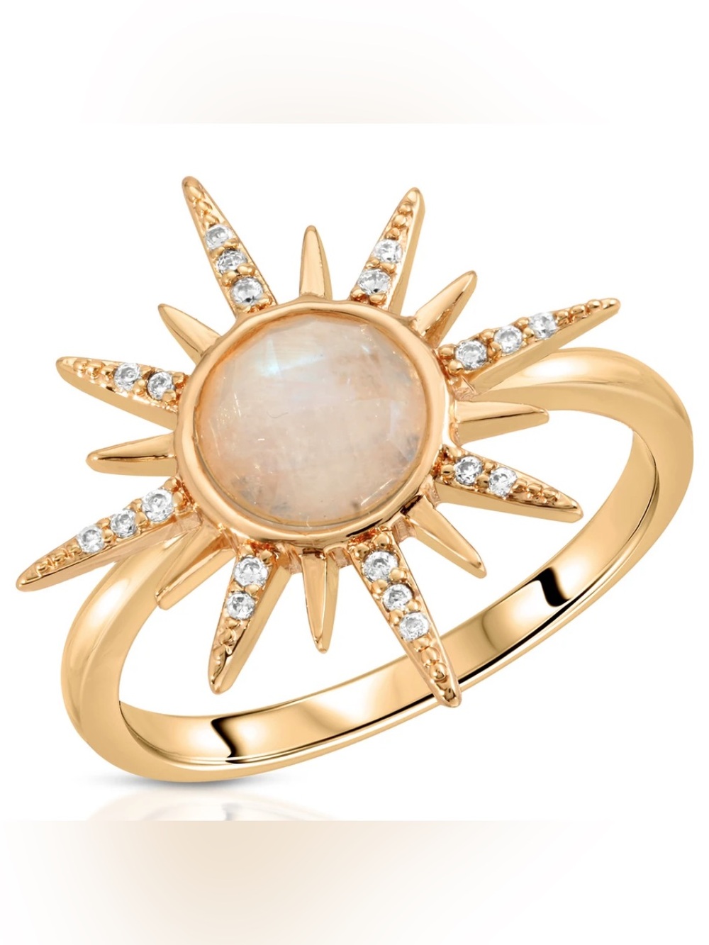 Gold Sunburst Moonstone Ring with Pavé Accents - Women Jewelry